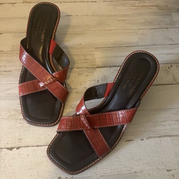 Donald J. Pliner Red Leather Croc Heels Strap Slide Sandals Mules Women's 10M - Picture 1 of 10
